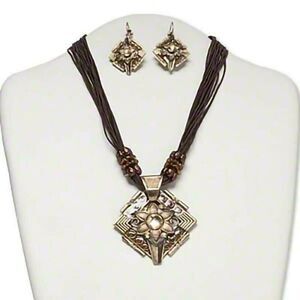 Art Deco Diamond Shape Necklace Earrings Set Antiqued Brass Multi